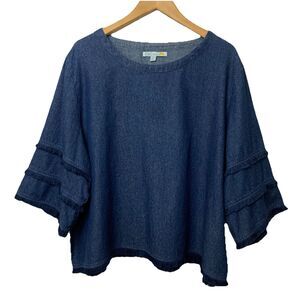 C&C California Women's Denim Top 3X Blue Tiered Sleeves Fringe Lagenlook Boho